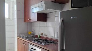 Moderni keittiö, jossa on puiset kaapit, ruostumattomasta teräksestä valmistettu jääkaappi, kaasuliesi ja sisäänrakennettu uuni.