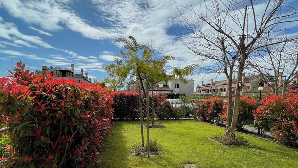 A well-maintained garden with a variety of plants and trees, a paved pathway, and a building in the background.
