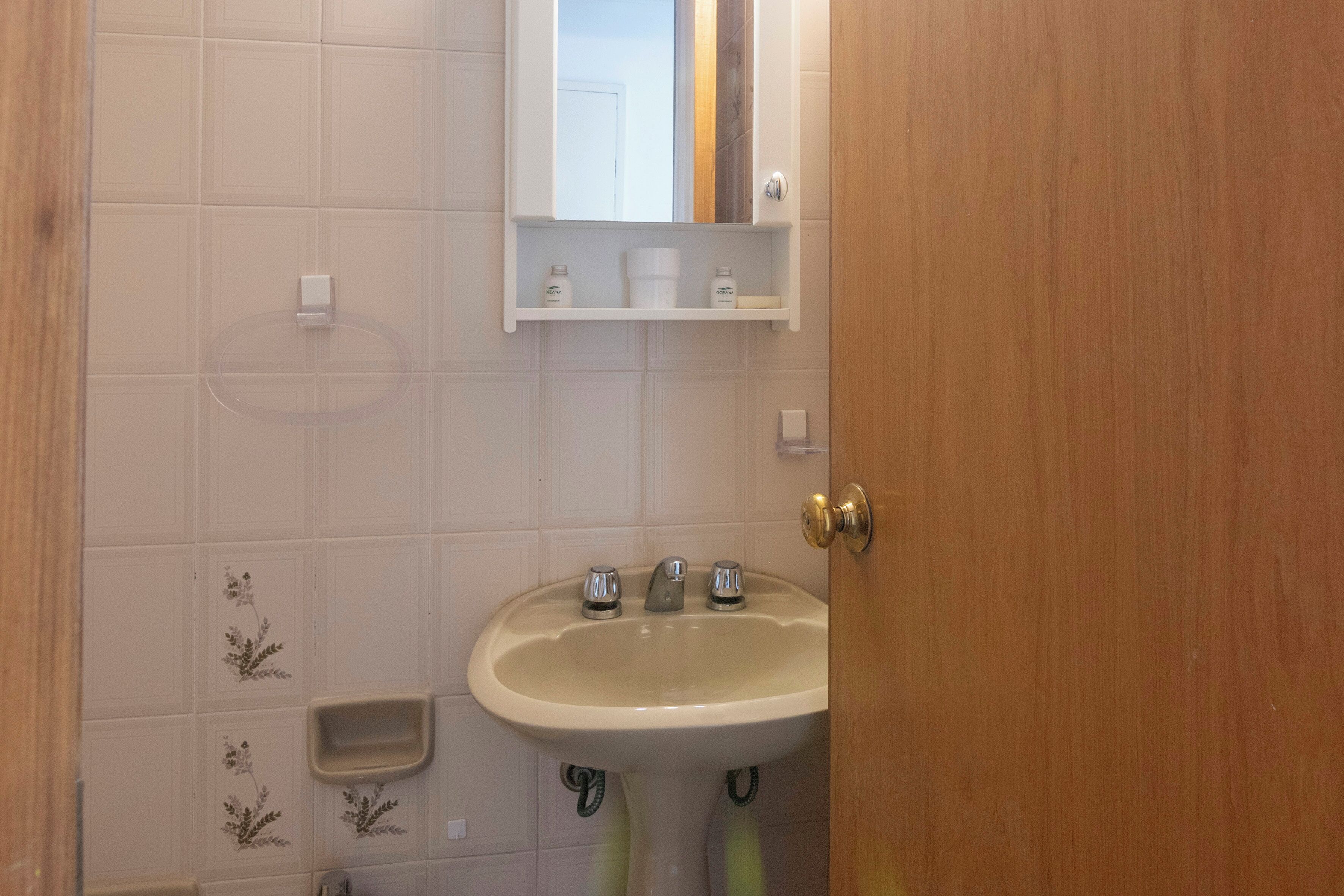 Une salle de bain avec un lavabo, un miroir et une étagère contenant des articles de toilette.