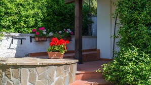A stone patio with a table and potted plants. - B&B Hibiscus (Agropoli)