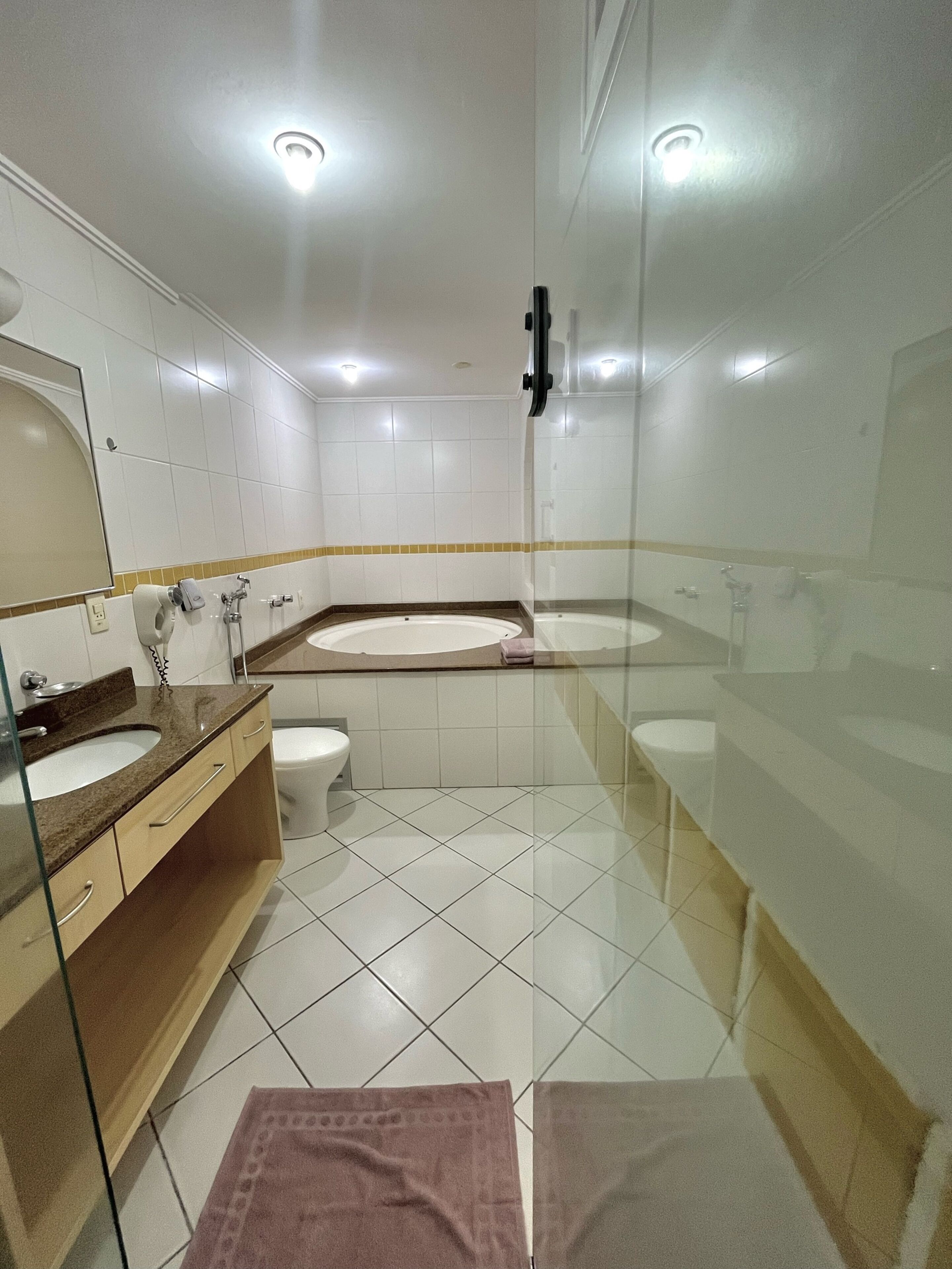 A modern bathroom with a glass shower enclosure, a dual sink vanity, and a toilet.