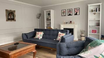 Smart TV, fireplace, books, video library