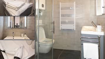 Hair dryer, towels, soap, toilet paper