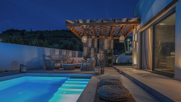 A modern outdoor pool area with a pergola, seating, and a glass-enclosed space. - Experience life again at Soul Luxury Villa !  (Planos)