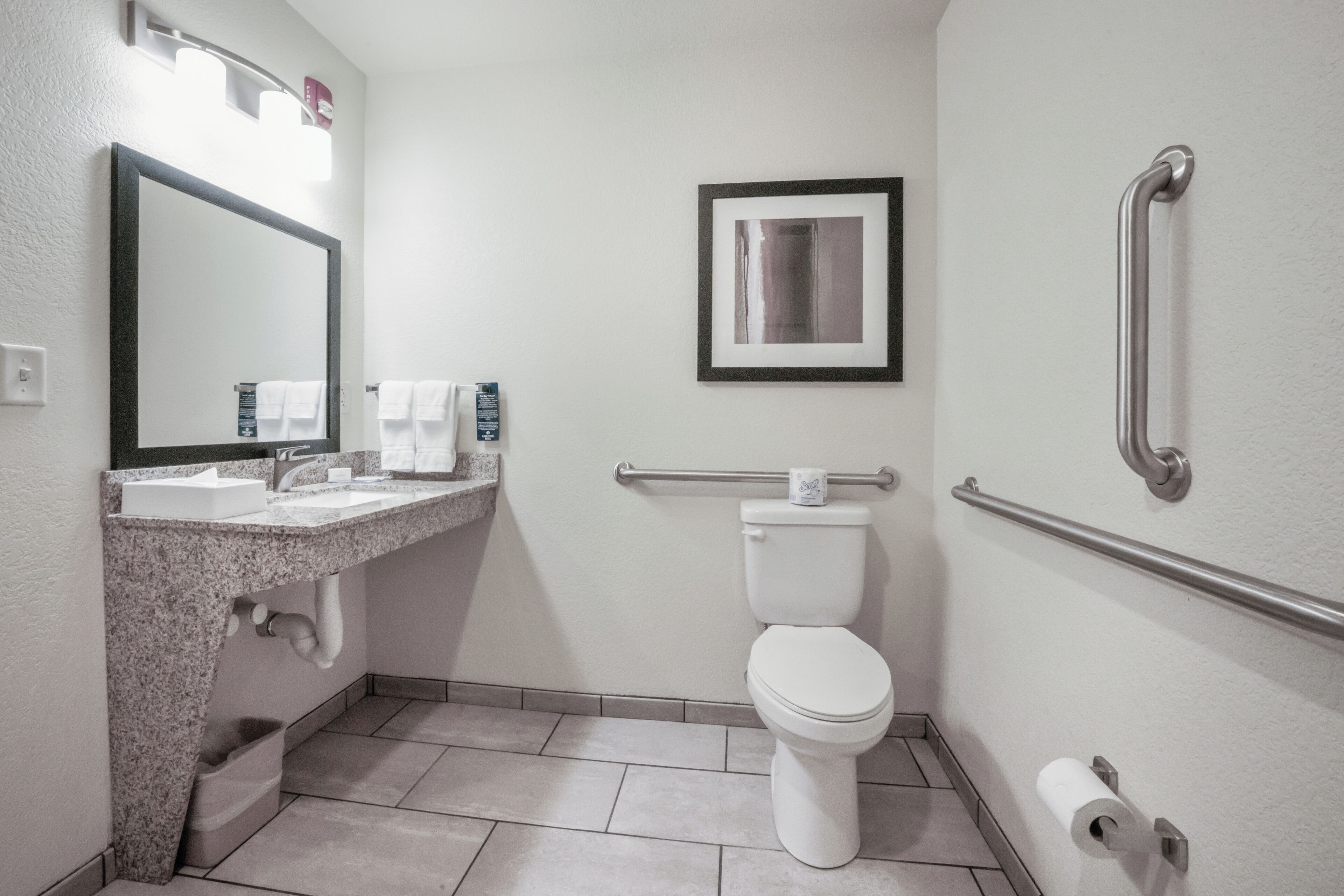 A bathroom with a sink, mirror, toilet, and handrails.