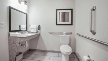 A bathroom with a sink, mirror, toilet, and handrails.