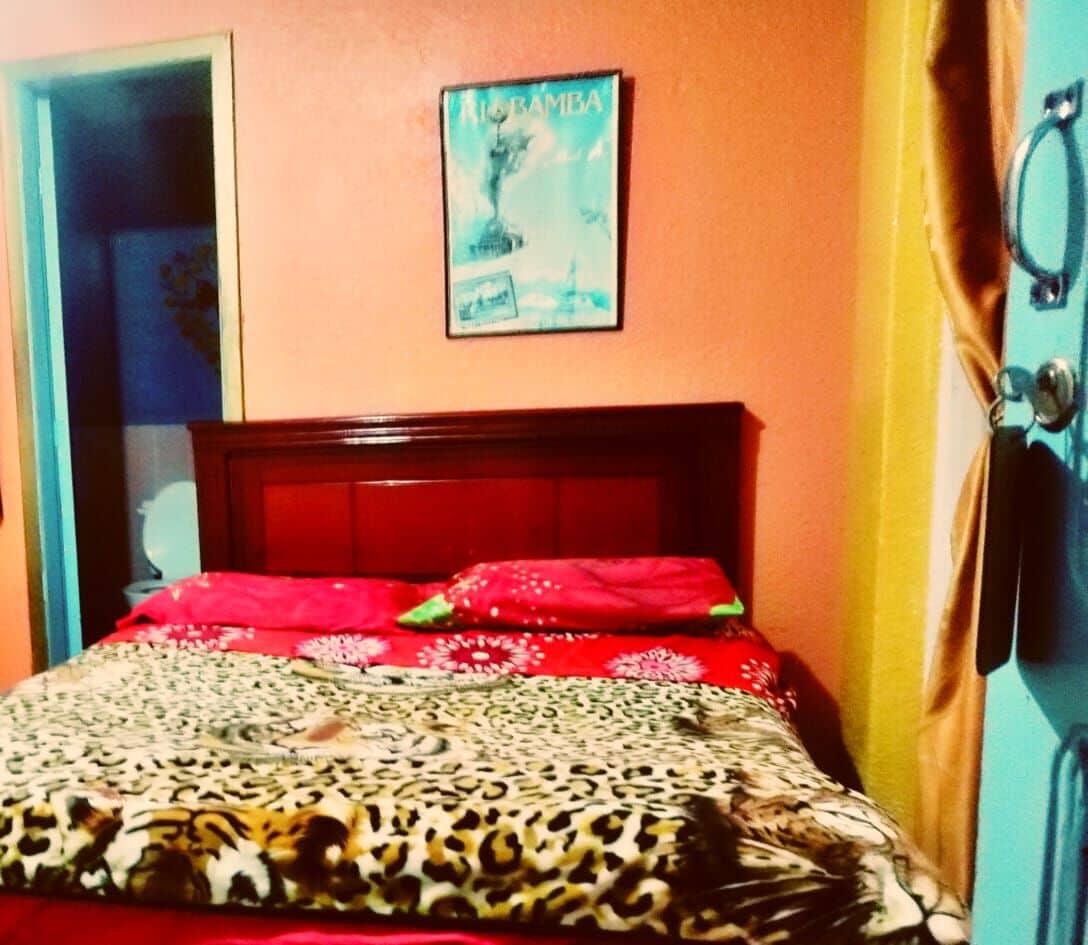 Una habitación con una cama, una puerta y un cuadro colgado en la pared.
