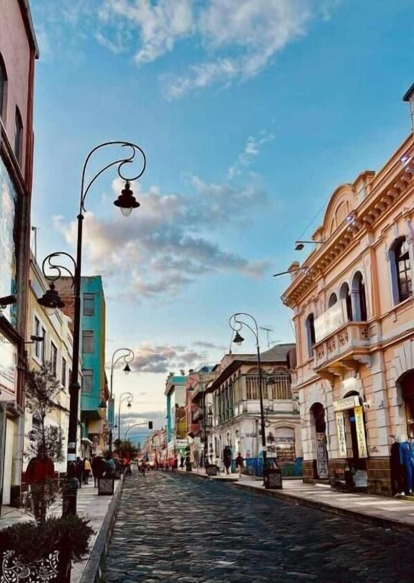 A cobblestone street lined with historic buildings, street lamps, and pedestrians. - Hotel Nuestra Casa Riobamba (Riobamba)