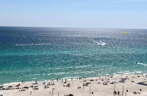 On the beach, sun-loungers, beach towels
