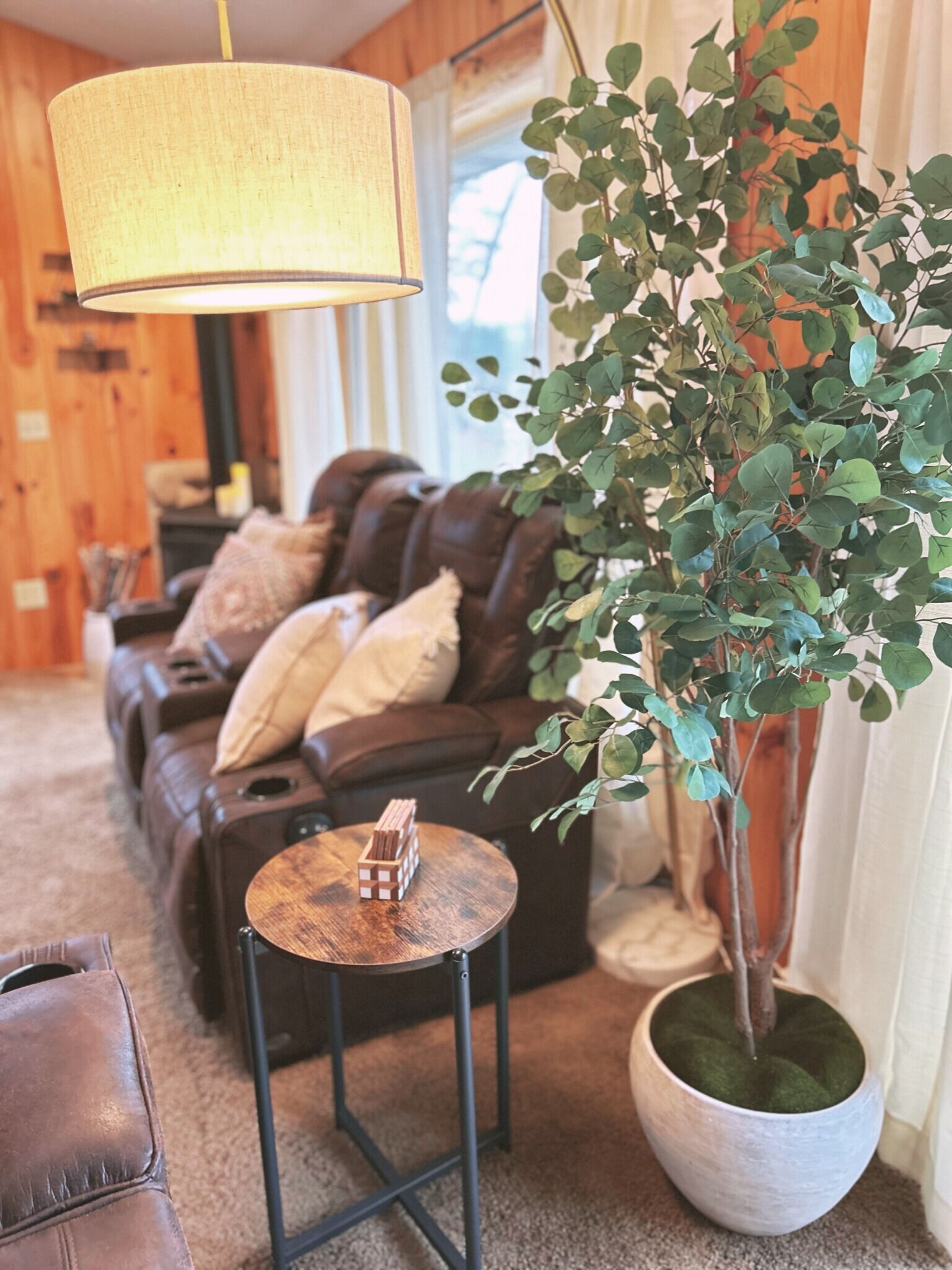 Een gezellige woonkamer met een bruine leren bank, een klein rond tafeltje met een schaakspel en een grote potplant.