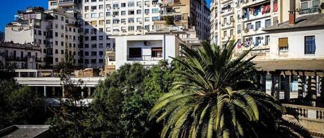 A multi-story building with balconies, a palm tree in the foreground, and a clear blue sky.