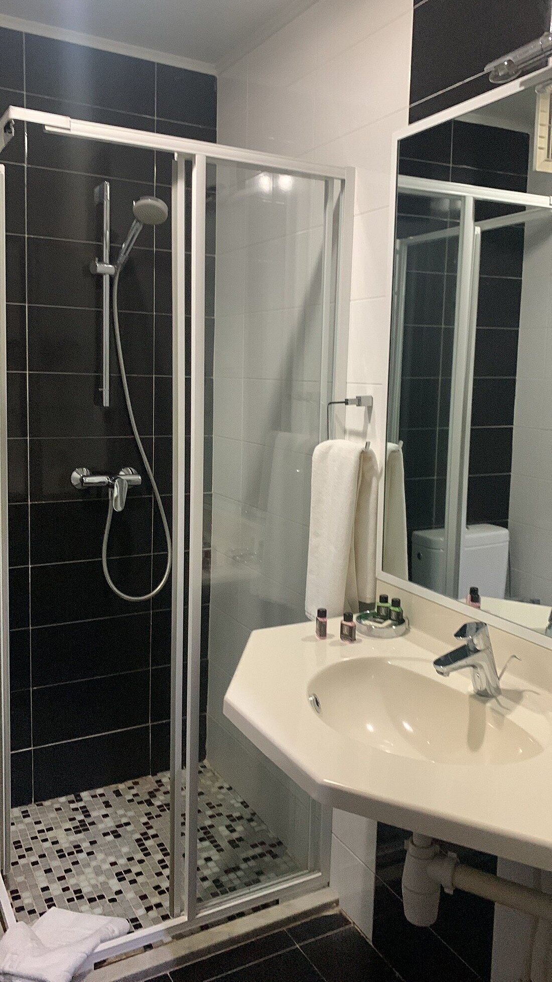 Un baño moderno con ducha de vidrio, un lavabo blanco y un espejo grande.