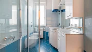 Shower, hair dryer, bidet, towels