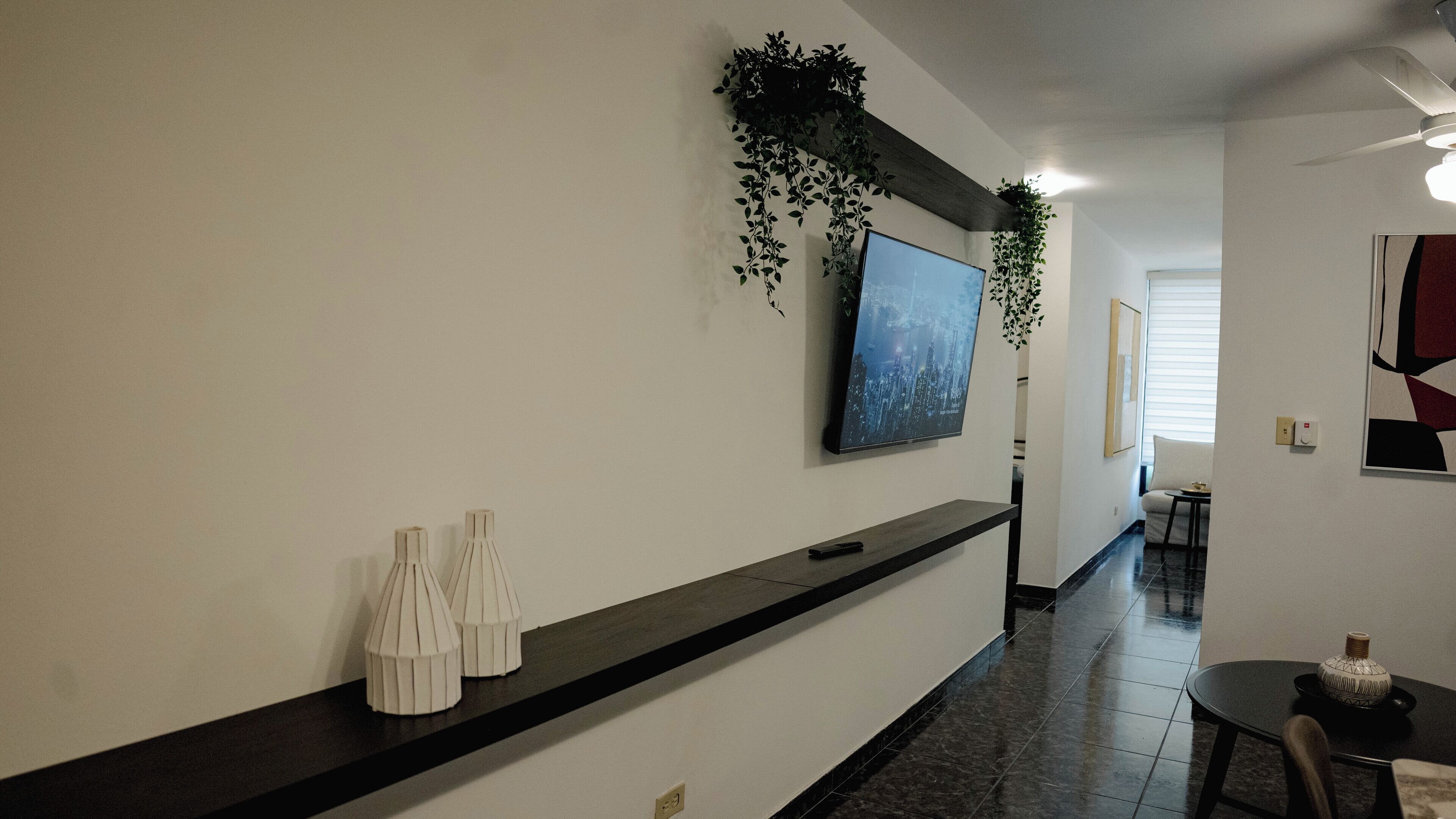 A hallway with a black countertop, a mounted TV, and hanging plants.