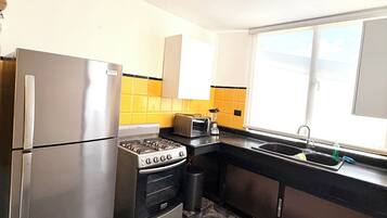 Una cocina con refrigerador de acero inoxidable, estufa a gas, pileta y ventana con vista.