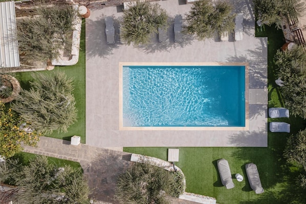 Outdoor pool, pool umbrellas, pool loungers