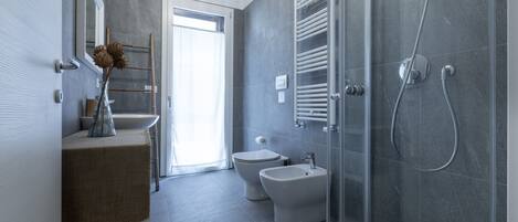 Shower, hair dryer, bidet, towels