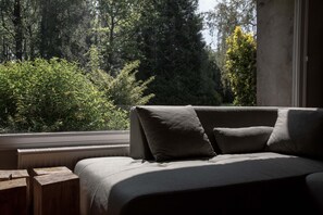 Una sala de estar moderna con un sofá y una ventana que da a un área boscosa.
