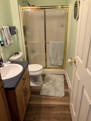 Hair dryer, towels, soap, shampoo