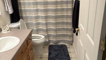 Hair dryer, towels, soap, shampoo