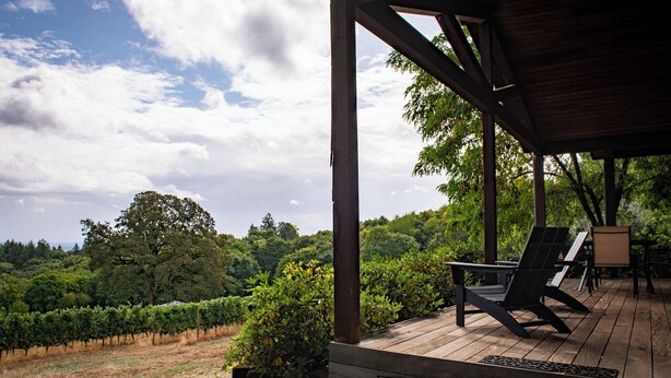 Une terrasse en bois avec des sièges extérieurs et, en arrière-plan, un vignoble.