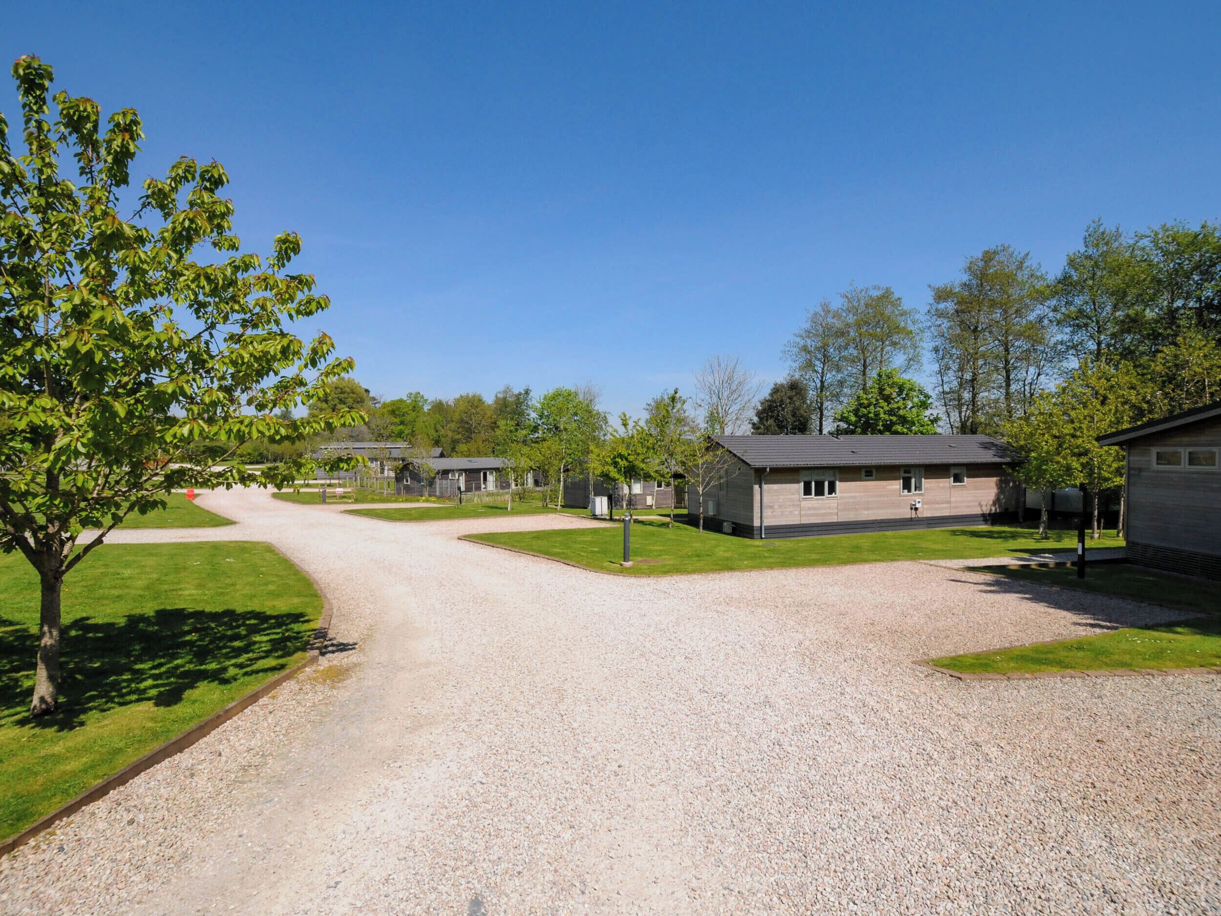 A gravel driveway leading to a row of cabins with a clear sky above.