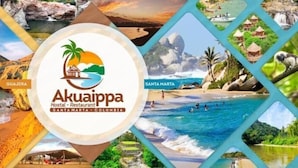 A collage of various coastal scenes with a central logo for Akuaippa Hostel and Restaurant in Santa Marta, Colombia.