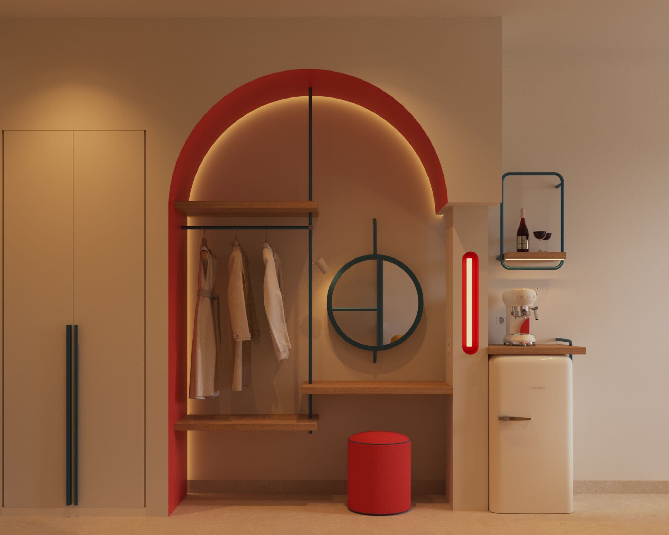A modern room with a wardrobe, a red cylindrical object, a small table with a coffee machine, and a wall-mounted circular object.