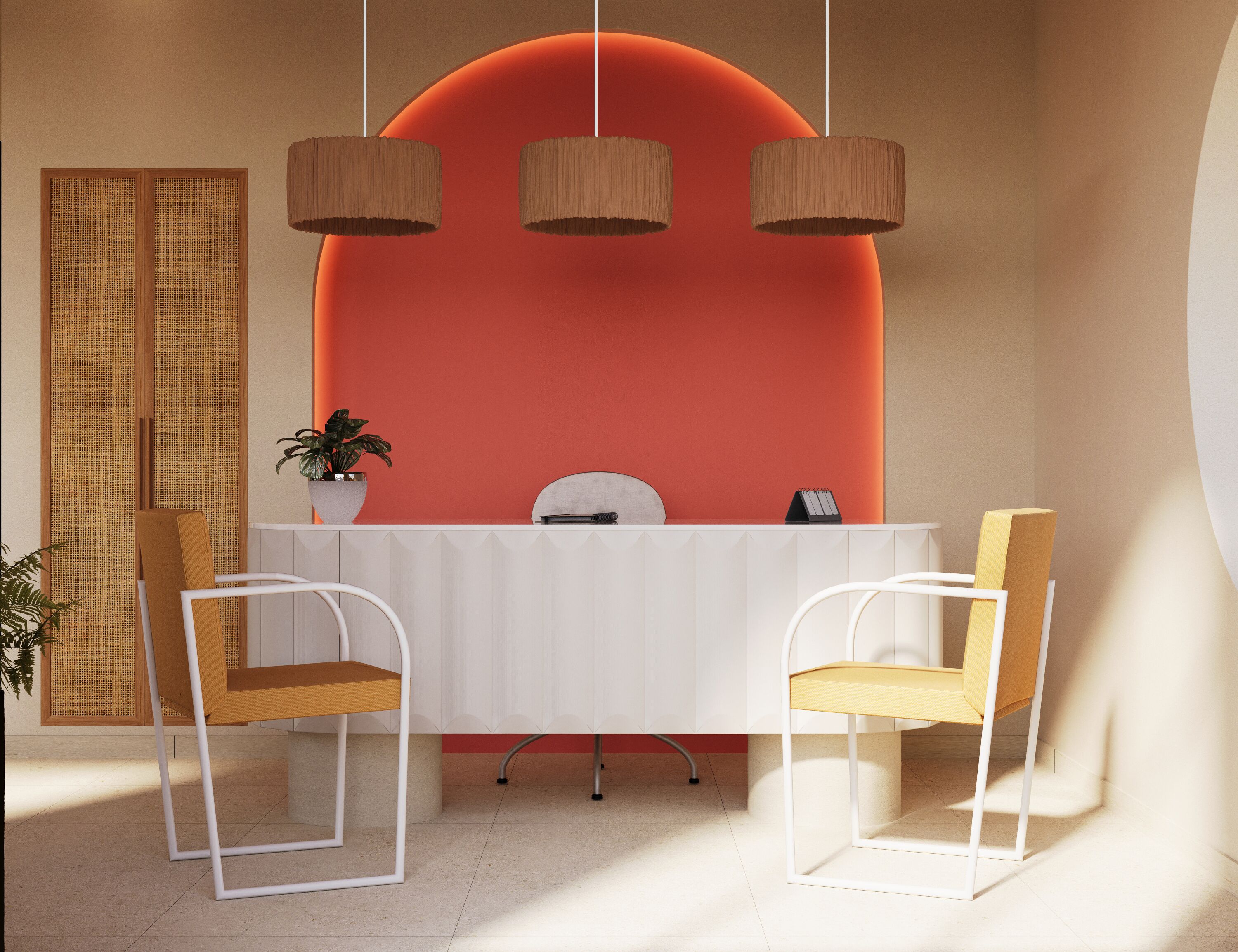 A modern dining area with a white table, two chairs, a potted plant, and a red accent wall.