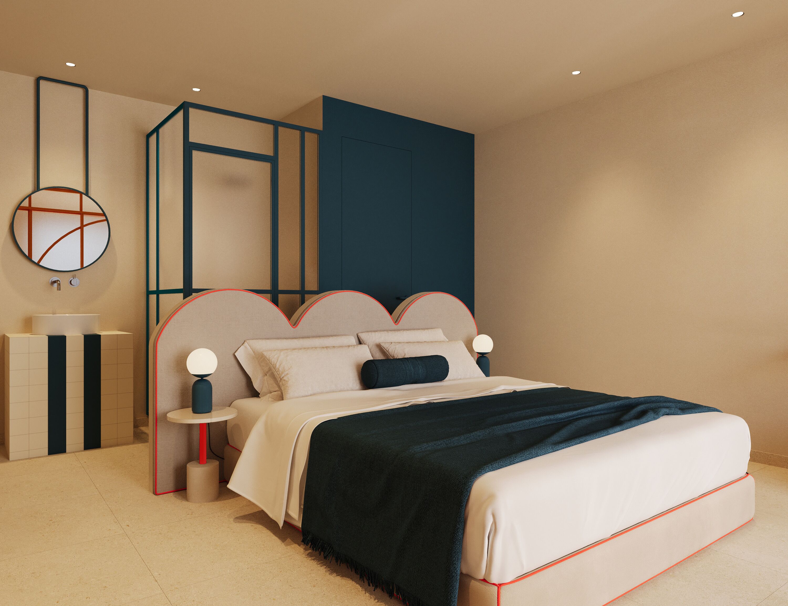 A modern bedroom with a bed, bedside tables, a round mirror, and a wall-mounted shelf.