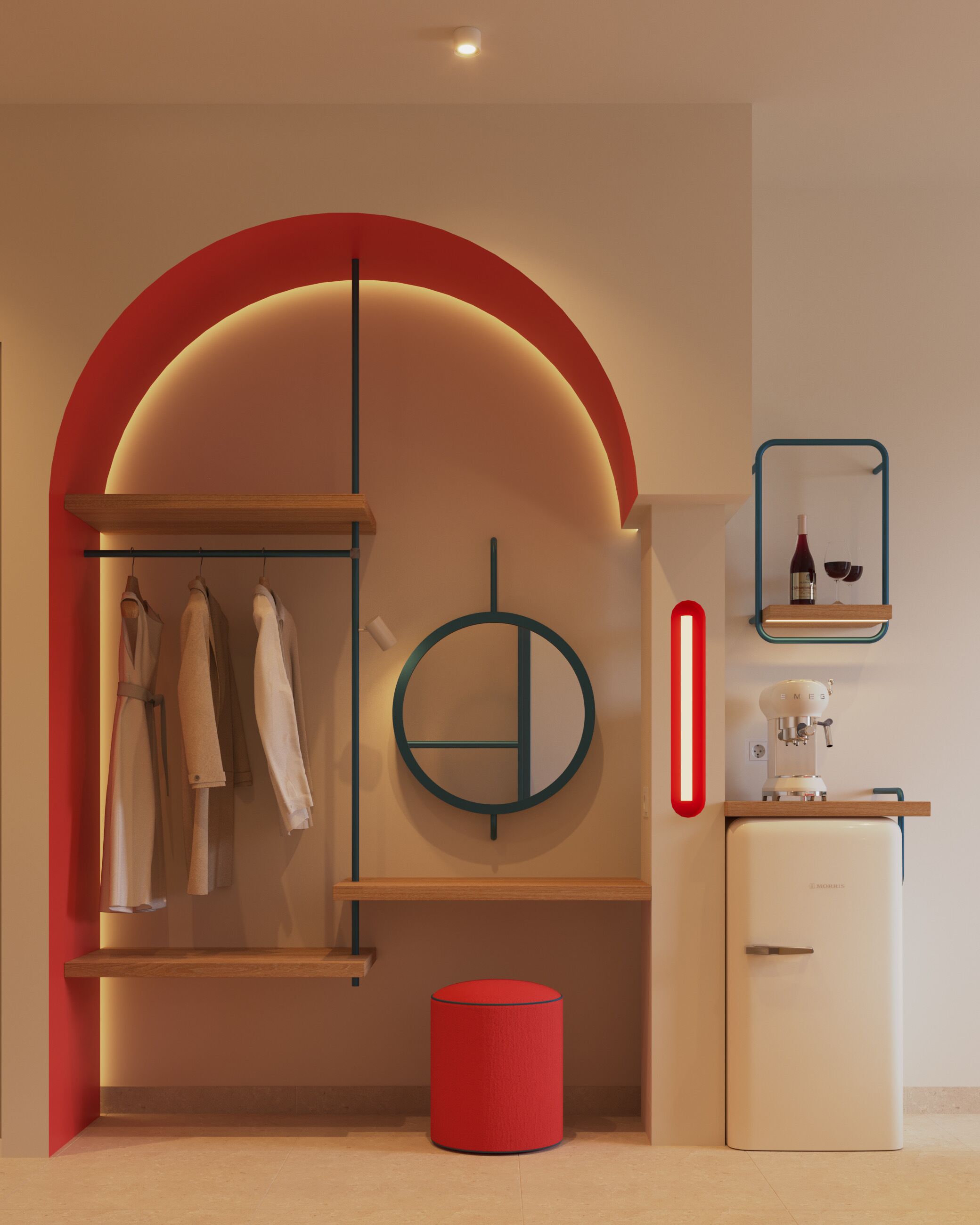A modern room with a wooden wardrobe, a red cylindrical object, a white cabinet, and a shelf with a bottle and glasses.
