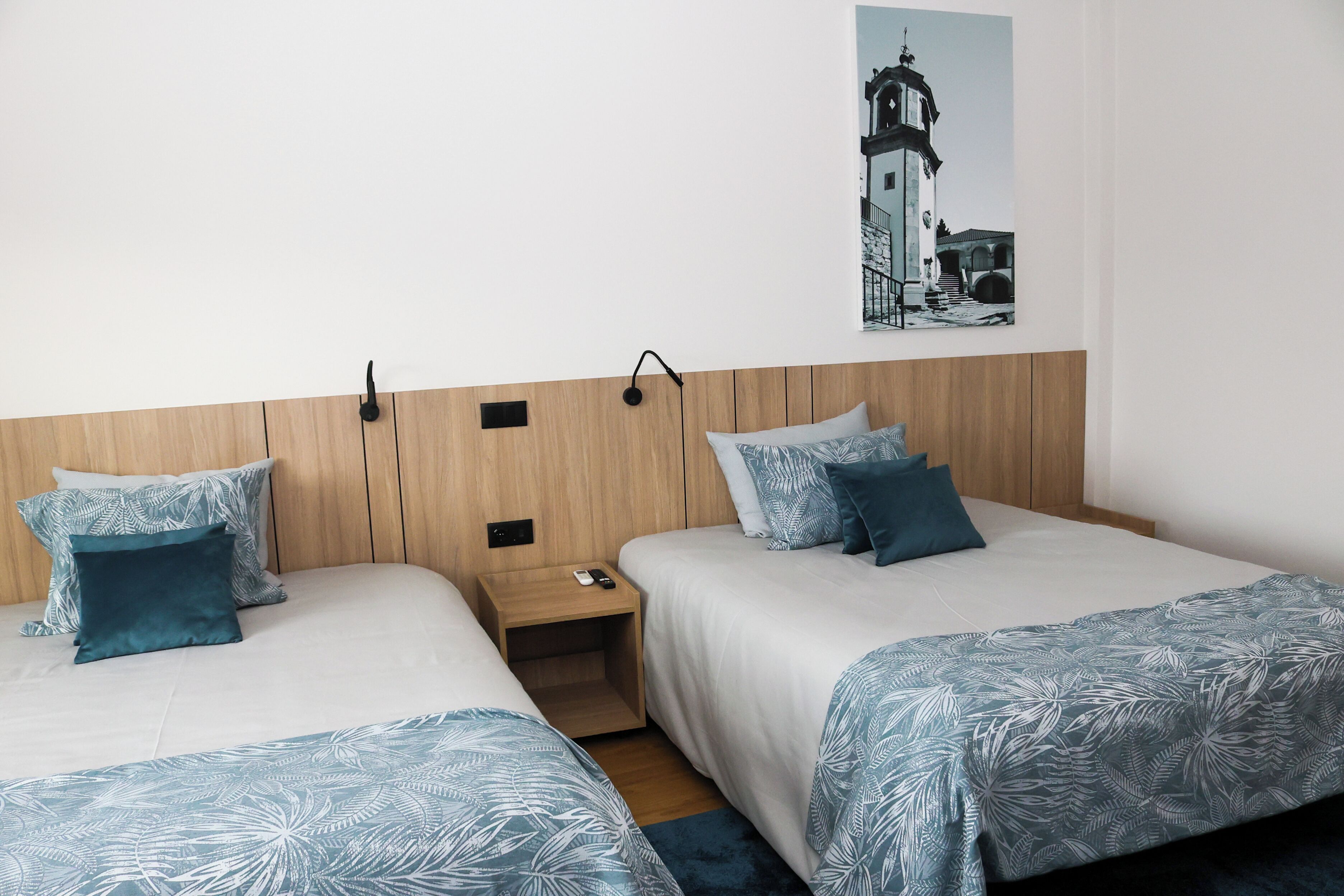 Desk, laptop workspace, blackout curtains, free WiFi