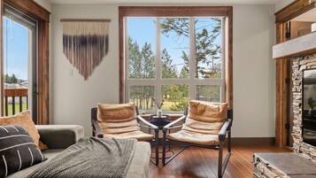 TV connectée, cheminée, livres