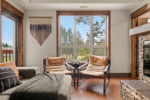 TV connectée, cheminée, livres