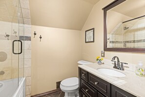Hair dryer, towels, soap, shampoo
