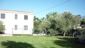 Un edificio blanco con techo de tejas, un patio cercado y un árbol al fondo.