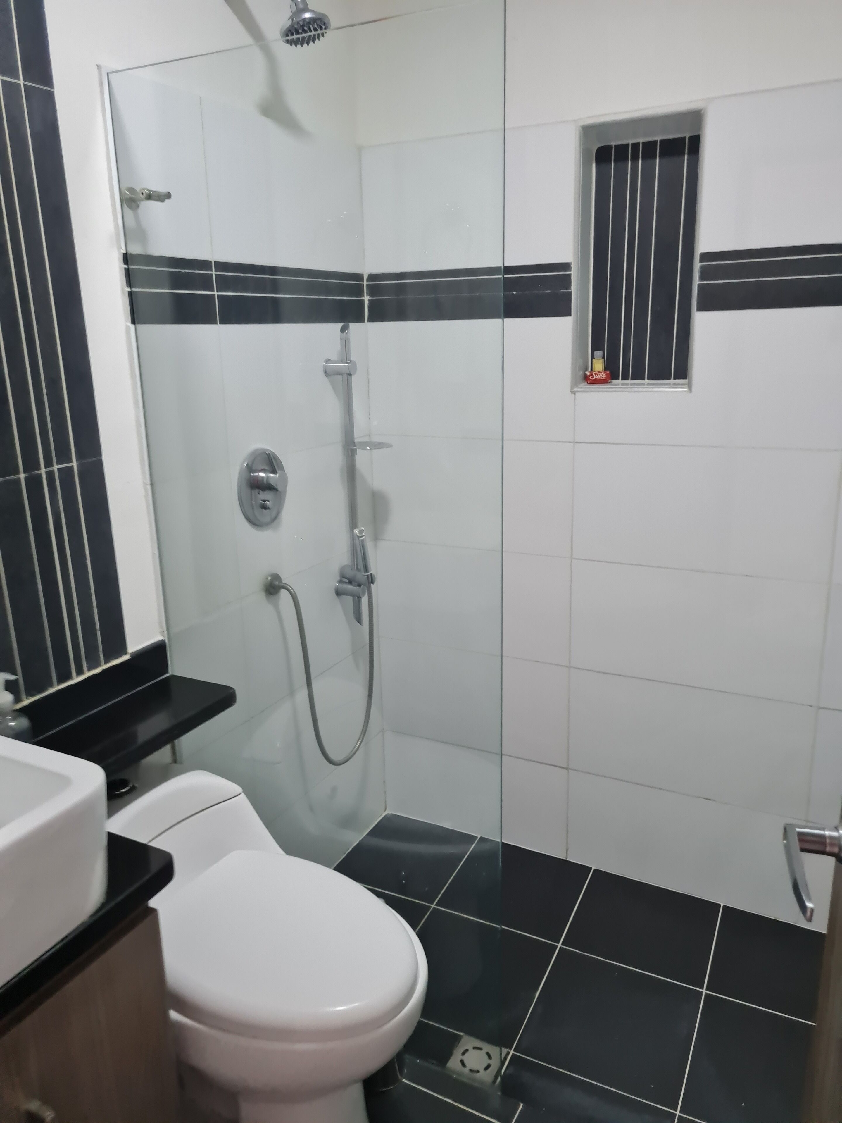 A bathroom with a toilet, a shower, and a sink.
