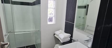 Suite | Bathroom | Rainfall showerhead, hair dryer, towels, soap