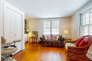 TV, fireplace, books