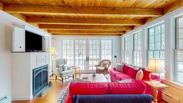 Télévision, cheminée, livres