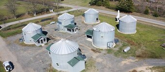 Soybean Bin Cozy Grain Bin retreat on a mini working farm.