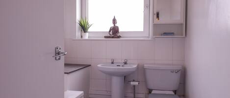 A small, modern bathroom with a toilet, sink, and window.