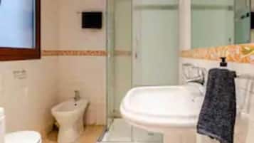 Hair dryer, bidet, towels, soap