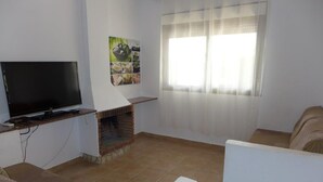 A living room with a TV, a fireplace, a sofa, and a window with sheer curtains. - Villa California (Salou)