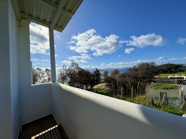 A balcony with a view of a coastal landscape, including trees and a distant body of water. - Sunshine Bay Suites (Naxos)