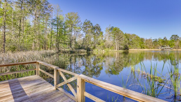 A wooden dock extending into a calm lake surrounded by trees. - Lake Seminole Retreat w/ Private Dock (Bainbridge)