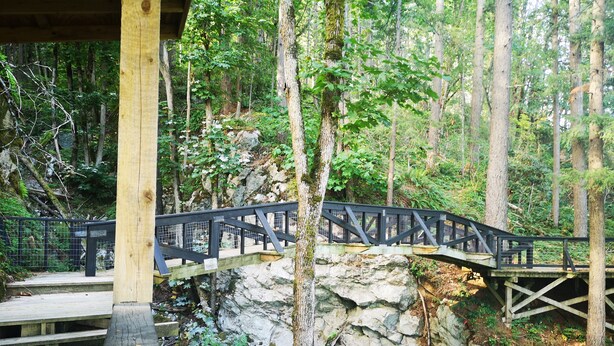 A wooden deck with a stone wall and a metal railing bridge. - Luxury Caboose in Rhododendron Forest (Agassiz)