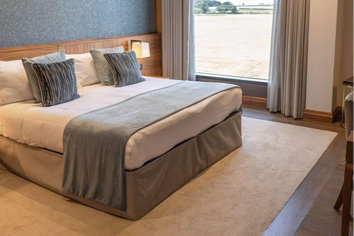 A large bed with a headboard, multiple pillows, a bedside lamp, and a view of a field through a window.