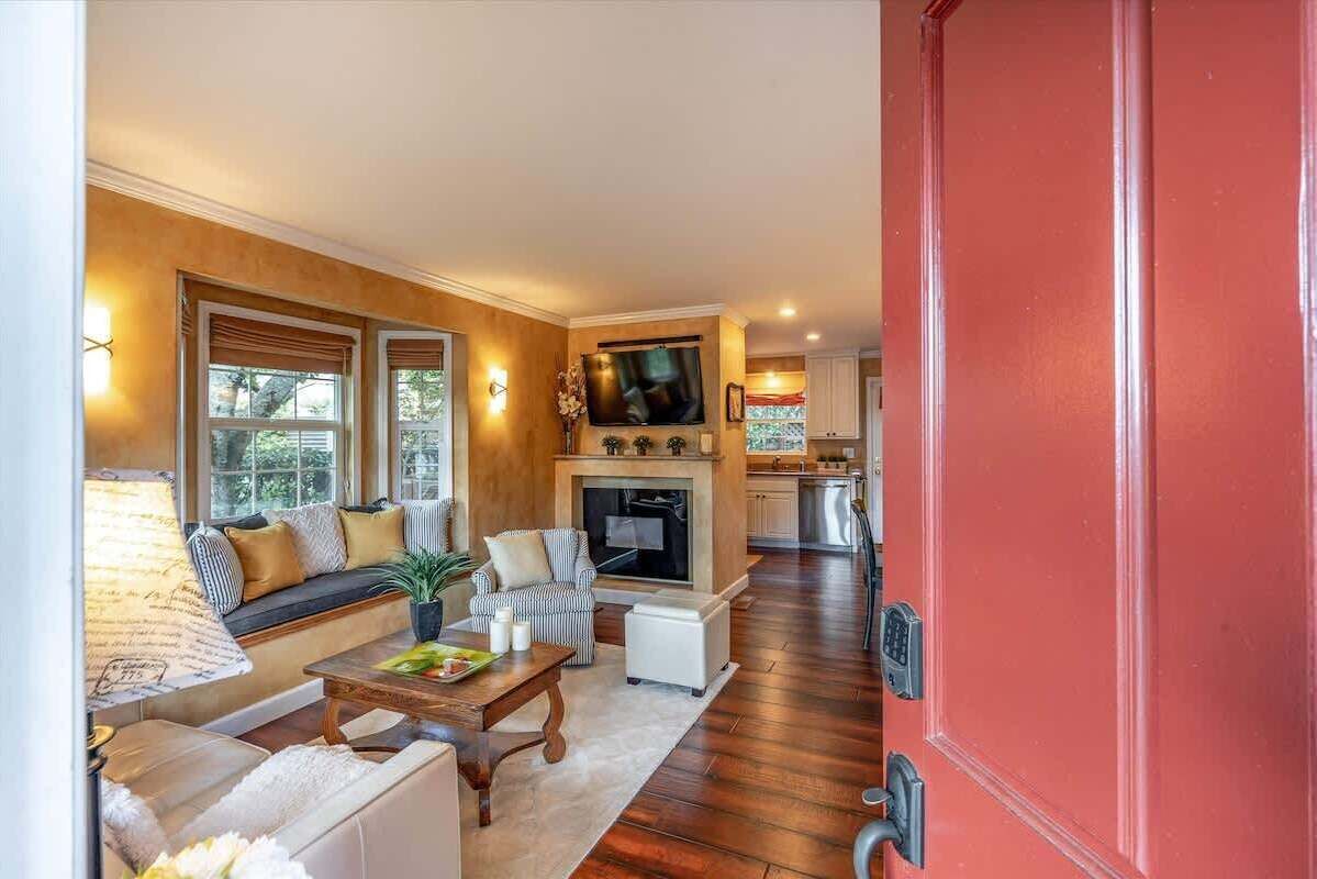 Smart TV, fireplace, books