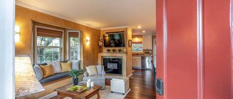 Smart TV, fireplace, books